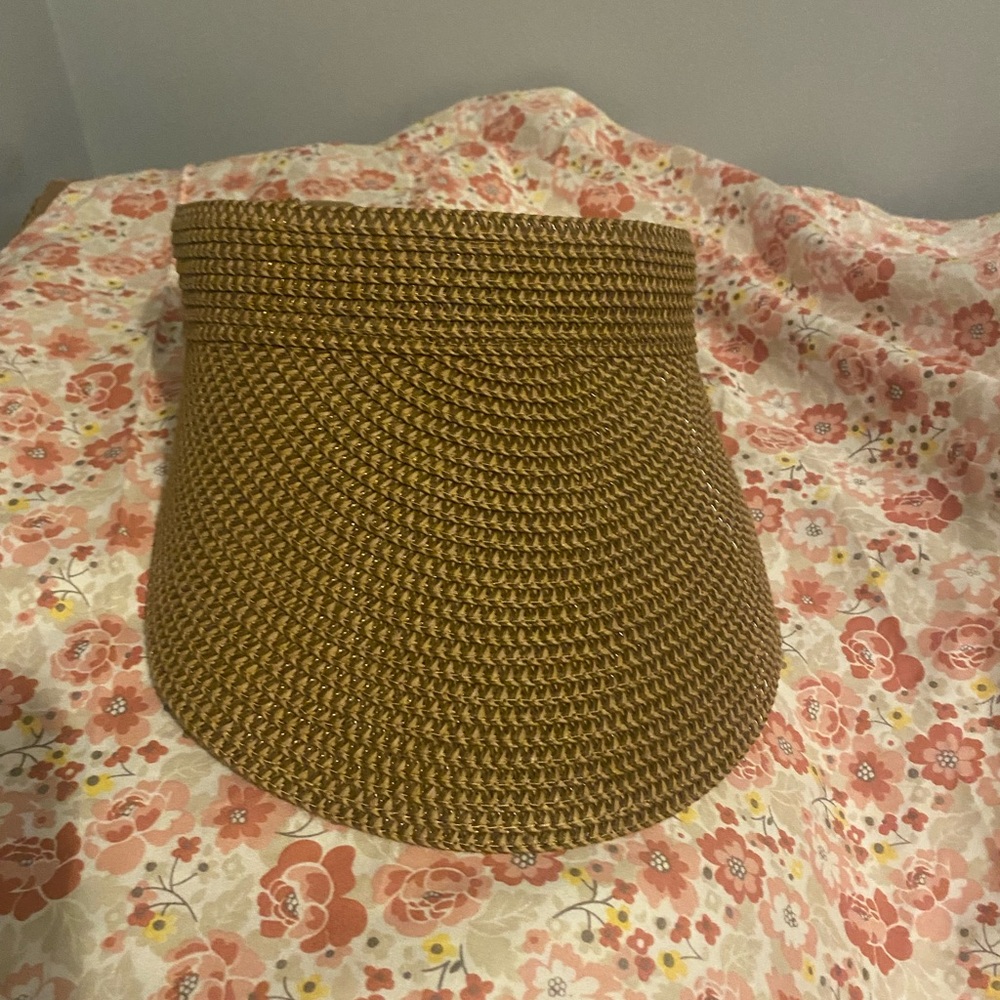 ANNE KLEIN Gold Brown Tan Wide Brim Adjustable Strap Summer Beach Sun Visor New